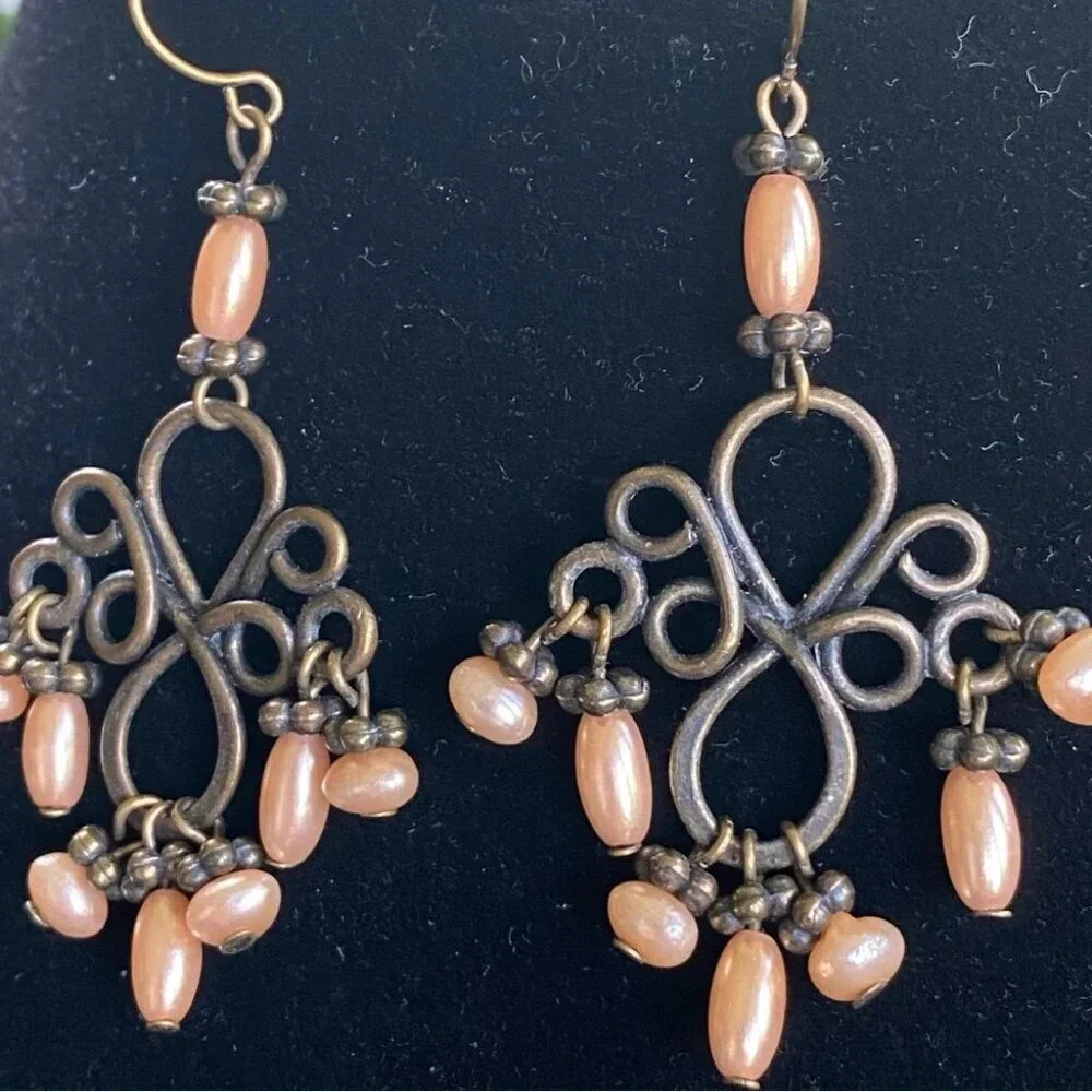 Peach  Colored Ornate Antiqued Chandelier Looking Dangle Earrings - Picture 3 of 5